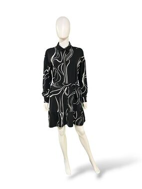 Nine West Black & White Patterned Long-Sleeve Shirt Dress, Medium